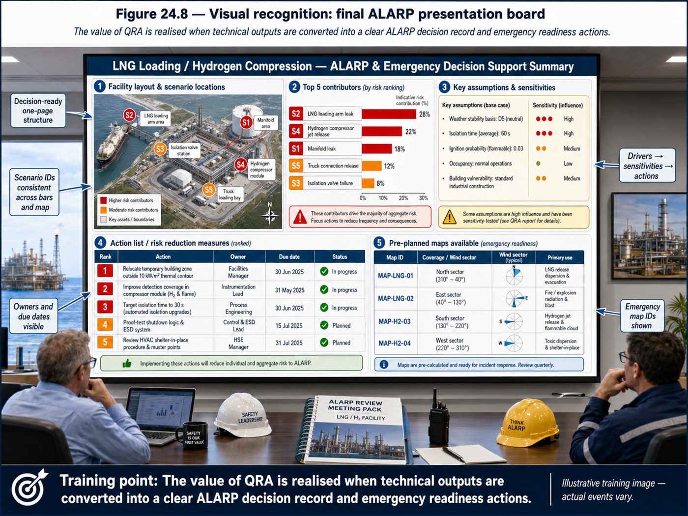 Illustrated ALARP presentation board used in process safety training.