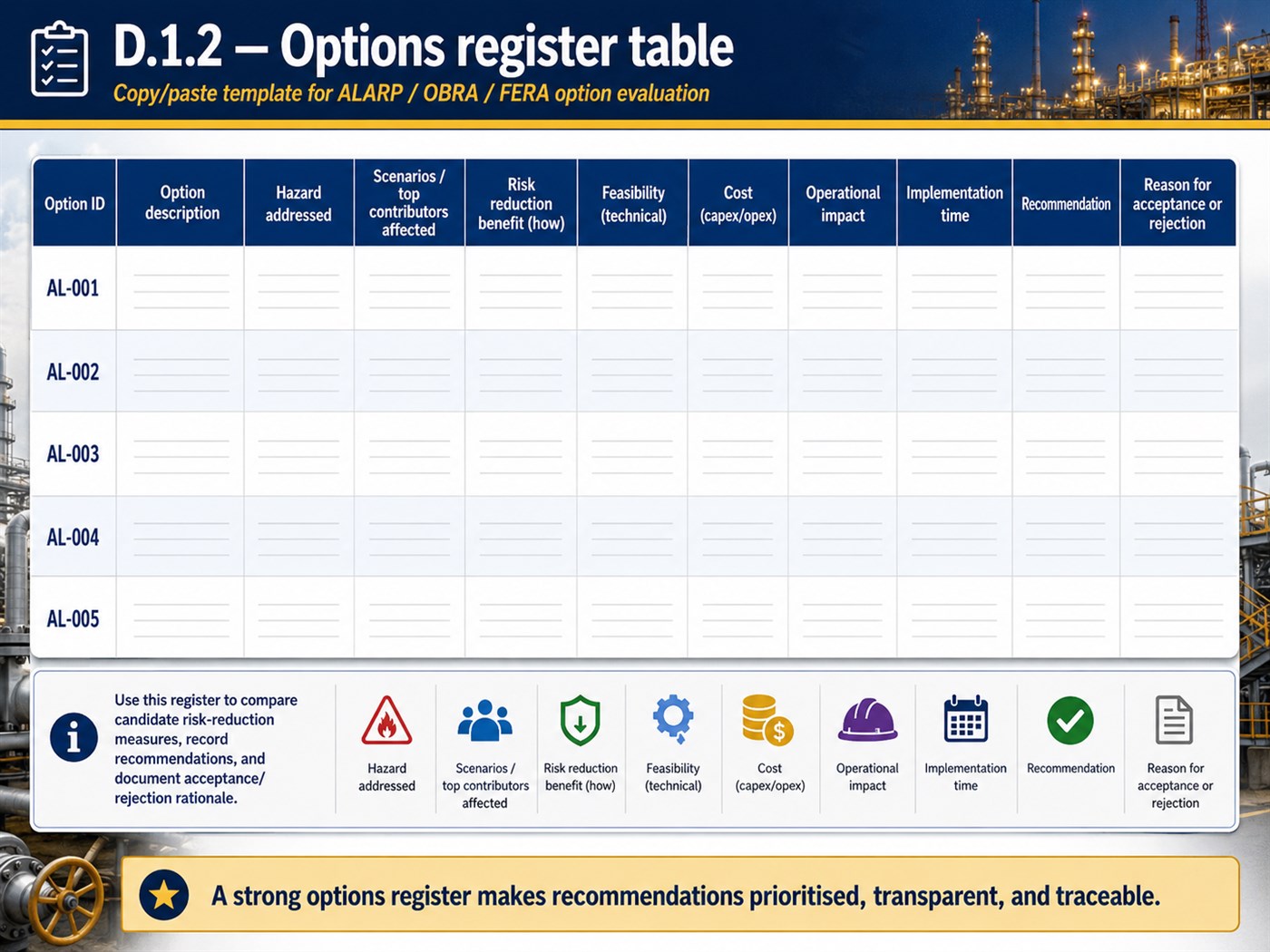 Training slide showing an options register template for ALARP and OBRA studies.